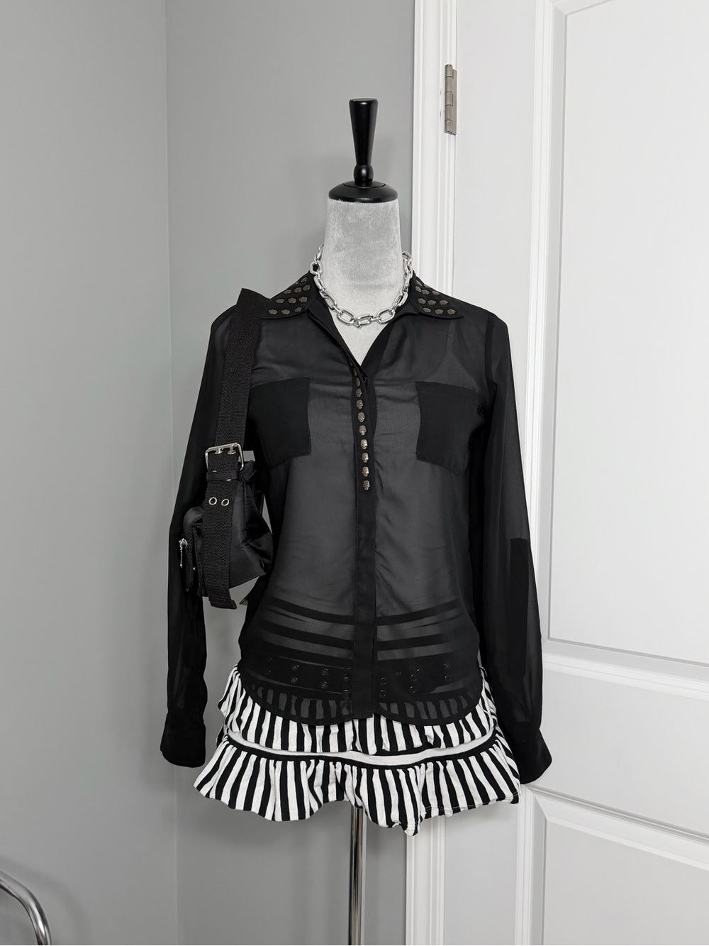 Fun & Flirt Sheer Black Skull Studded Button-Up Blouse